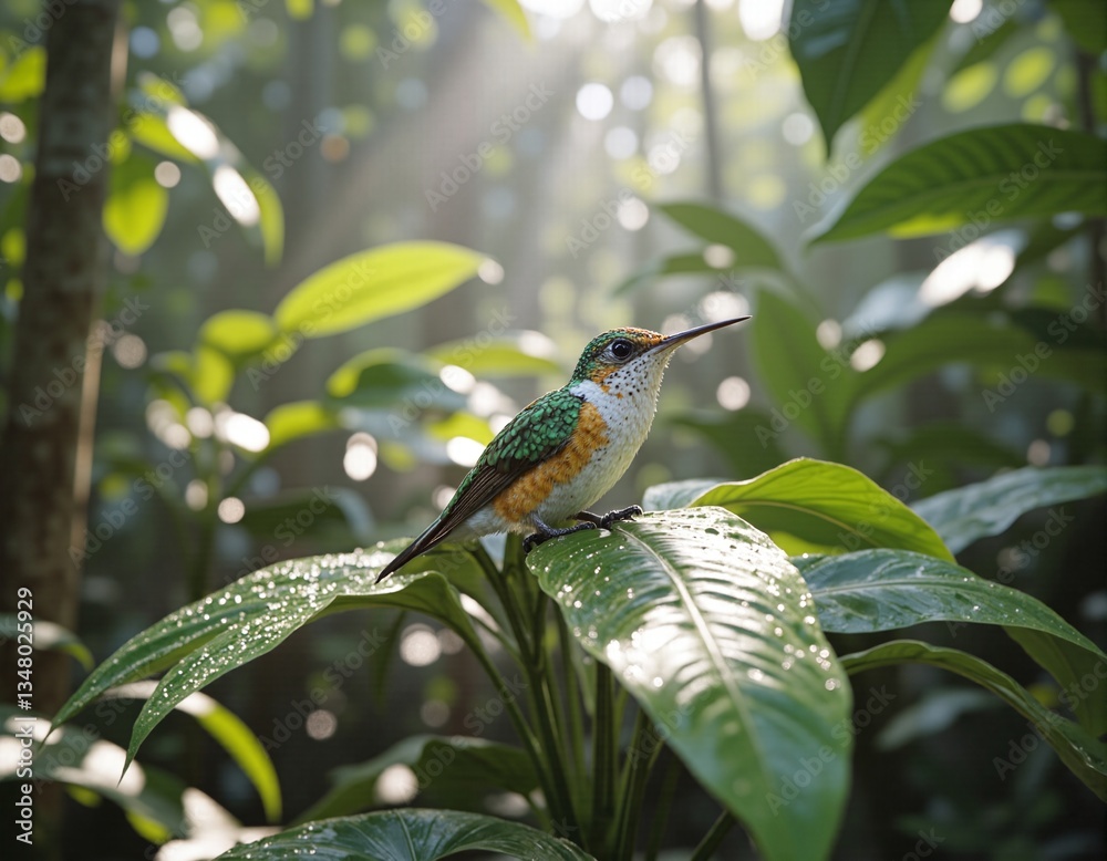 Fototapeta premium A hummingbird perched beneath a canopy of lush greenery