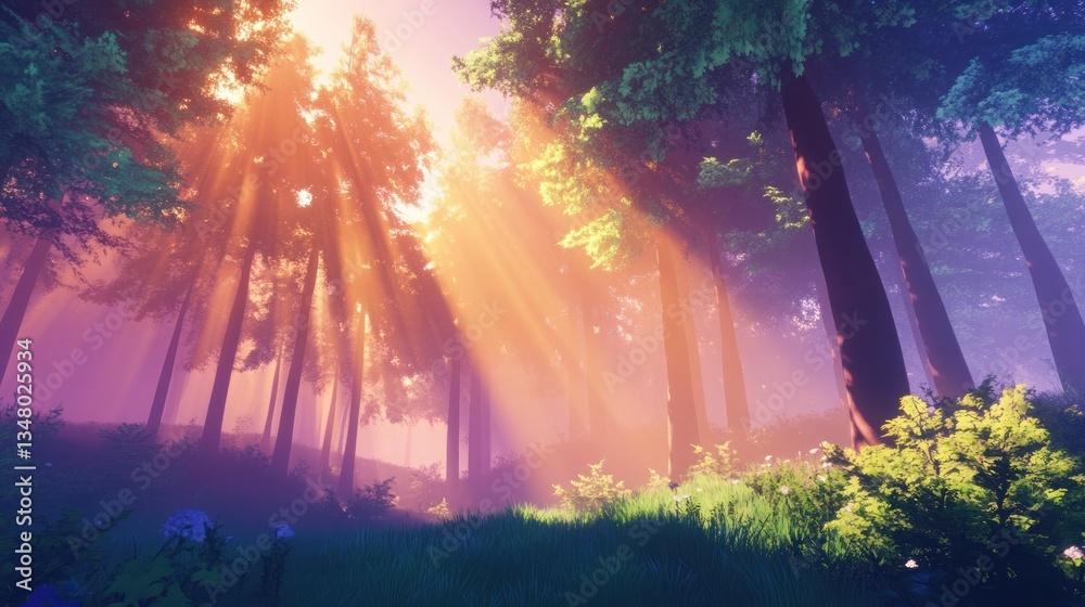 Fototapeta premium Sunbeams pierce a vibrant, sun-drenched forest