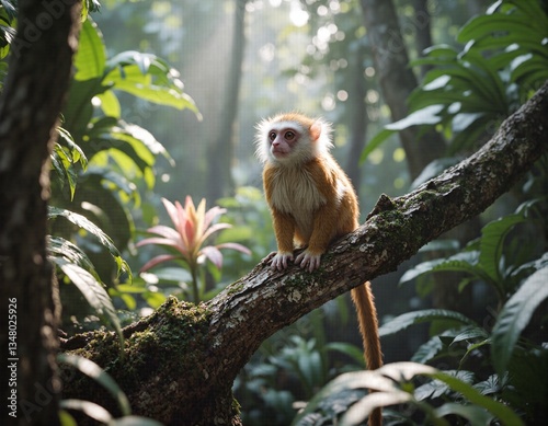 Golden monkey amidst lush tropical foliage