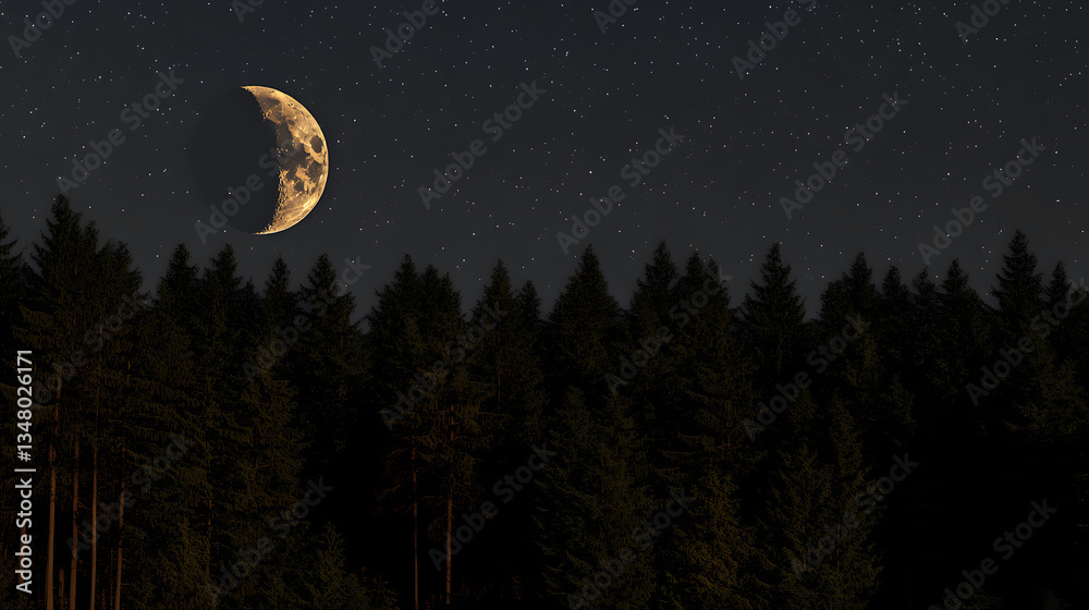 Naklejka premium A crescent moon shines brightly in the night sky above a dark, silhouetted forest. Stars twinkle in the inky blackness, creating a serene and mystical atmosphere.