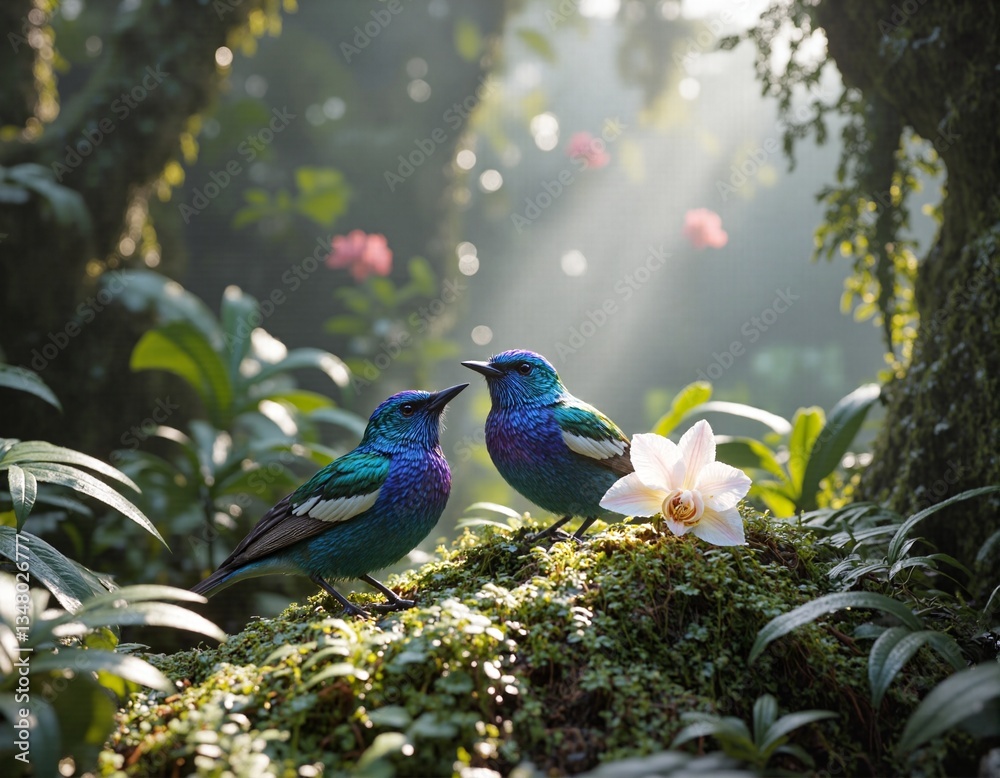 Fototapeta premium Colorful birds nestled among lush greenery and blooming orchids