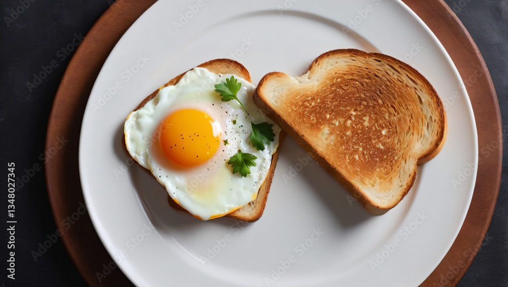Plate of delicious fresh tasty toasted bread with sunny side up eggs and parsley basil. Appetizing cooked breakfast meal. Breafast food wallpaper concept. Plate of delicious fresh tasty toasted bread with sunny side up eggs and parsley basil. Appetizing cooked breakfast meal. Breafast food wallpaper concept.