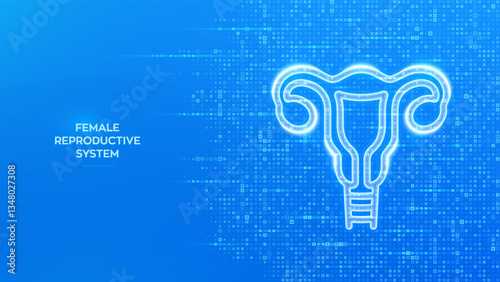 Female reproductive system icon. Female health care, gynecology. Uterus, ovaries. Anatomical structure of woman. Blue medical background made with cross shape symbol. Vector illustration.