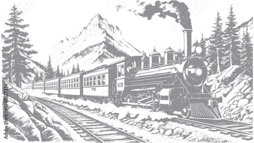 Vintage train journey through the mountains hand sketch design