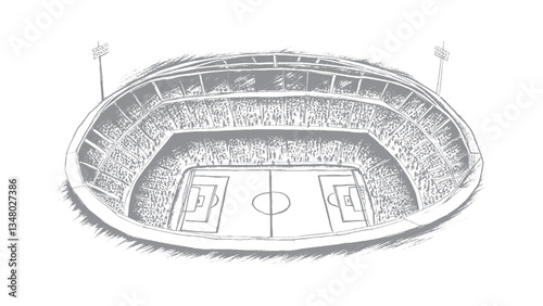 An illustration of a soccer stadium top-down view with a crowd and a field hand sketch