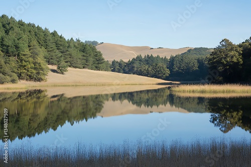 Quiet Lake with Reflections of Tall Pines and Rocks photo