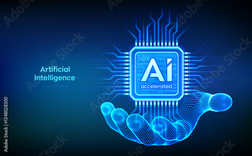 AI chip with the inscription AI Accelerated in wireframe hand. CPU microchip. Concept of artificial intelligence technology. AI accelerated processor chip. Machine learning. Vector illustration.