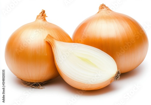 Wallpaper Mural Two whole golden onions and a halved onion on a white background. The onions are in focus, with visible layers and texture. Torontodigital.ca