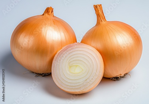 Wallpaper Mural Two whole golden onions and one halved onion showcasing its layered interior against a bright white background. The image is clean and shows the texture and color of the onions well. Torontodigital.ca