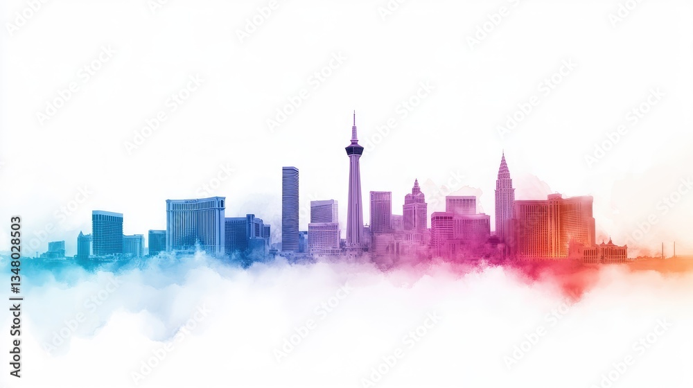 Fototapeta premium Colorful city skyline view from afar, hazy, artistic