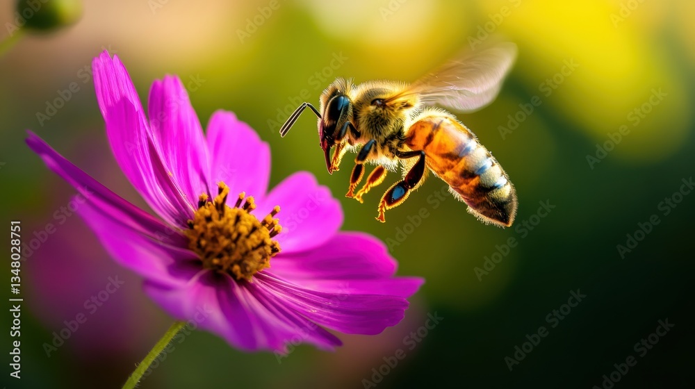 bee hovering above vibrant flower in morning light bee hovering above vibrant flower in morning light