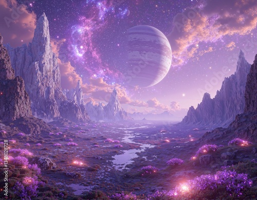 A mystical alien landscape beneath a stellar sky