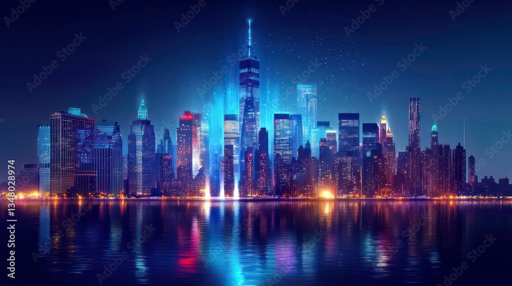 Fototapeta premium Data Technology Communication Networking Background with Data connectivity on city of skyline, newyork city concept wallpaper