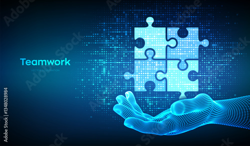 Teamwork icon made with currency symbols in hand. Business Partnership. Global financial cooperation. Puzzle Team elements. Dollar, euro, yen and pound icons. Background with currency signs. Vector.