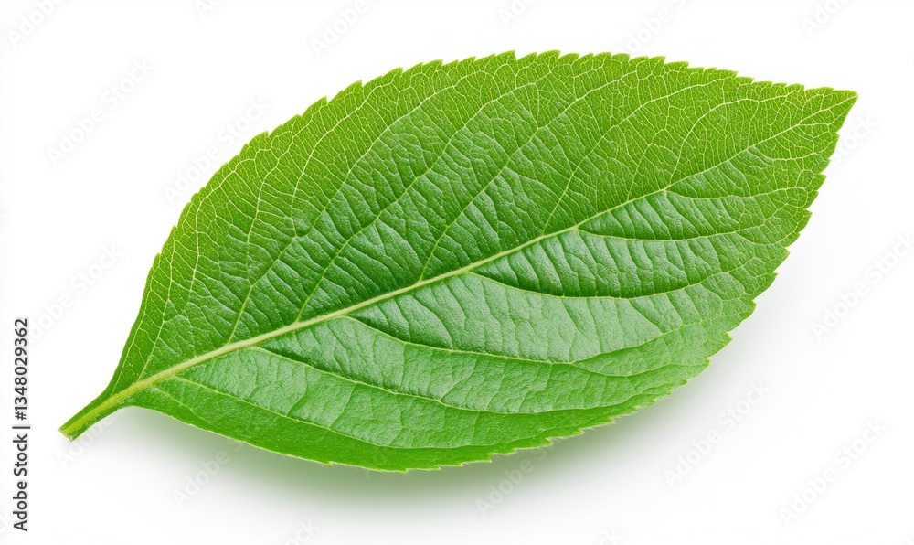Single vibrant green leaf isolated on a white background. Detailed texture and veins visible. Single vibrant green leaf isolated on a white background. Detailed texture and veins visible.