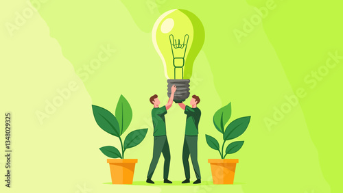 Illumination of Ideas: Two figures working in unison to install a large lightbulb in a green hue, symbolizing innovative thinking and the power of ideas.