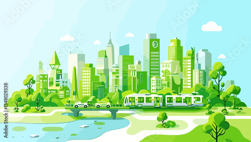 Eco-Friendly Cityscape: A vibrant illustration depicts a modern, sustainable city with lush greenery, eco-friendly transportation, and clean energy sources.