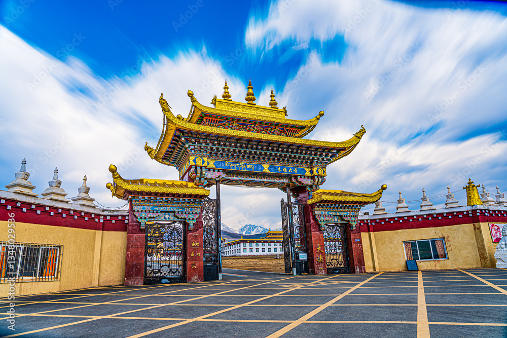 Fototapeta premium Famous tourist attraction in Sichuan, China: Ta Gong Mu Ya Da Temple Chinese translation in the picture: Muya Temple