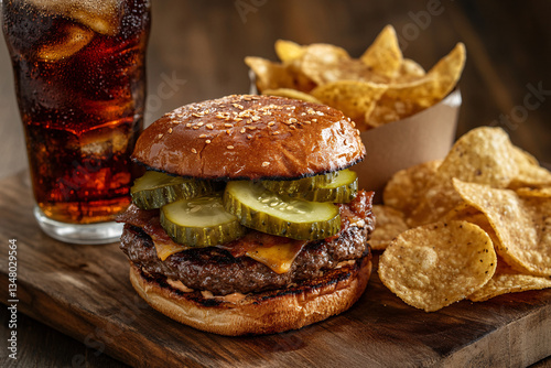 close up of a delicious cheeseburger with pickles and bacon on a wooden board with potato chips and a glass of cola