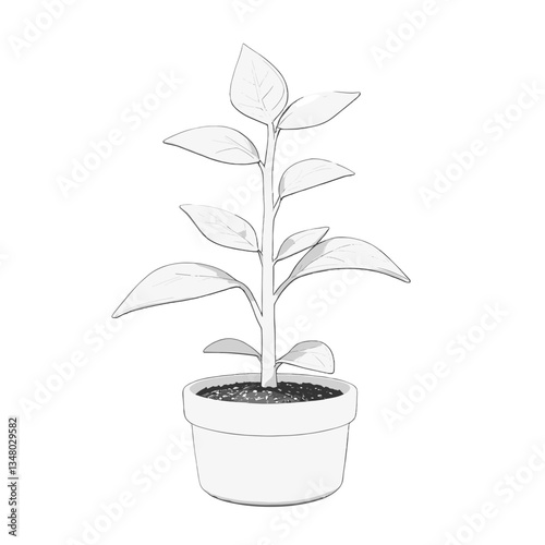 Stylized plant with leaves and roots in a pot, monochrome design, copy space