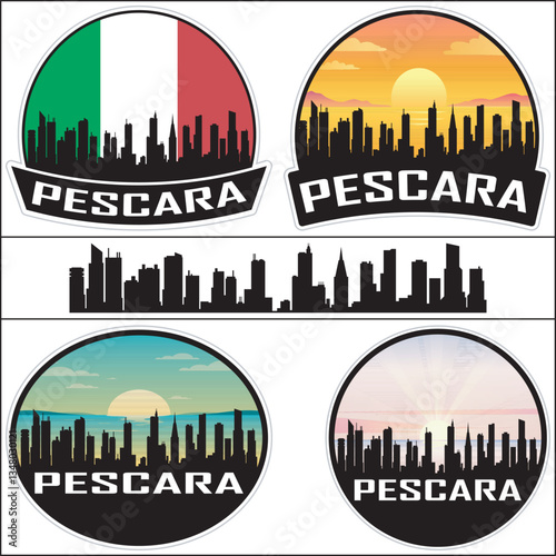 Pescara Italy Flag Skyline Cityscape Silhouette Travel Souvenir Sticker Isolated Vector