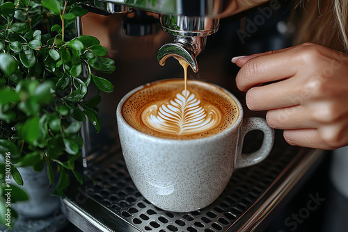 A woman mastering latte art with plant-based milk in a home coffee nook. Concept of vegan lifestyles and specialty hobbies.