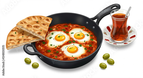 Wallpaper Mural Pan with eggs and tomato sauce, flatbread, and a glass of tea with olives. Torontodigital.ca