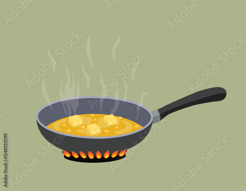 Melting butter in a frying pan cooking in the kitchen