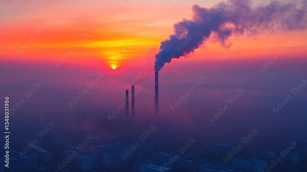 Obraz premium Smog Sunset: Industrial Pollution at Sunrise