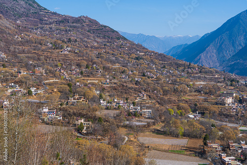 Danba County, Sichuan Province China. Zhonglu Township, Architectural Style of Jiuaju Ancient Tibetan Village. Traditional Tibetan buildings, beautiful Chinese countryside.  photo