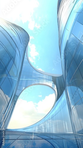 Curved Glass Building with Geometric Design Against Blue Sky, Abstract Architectural Perspective