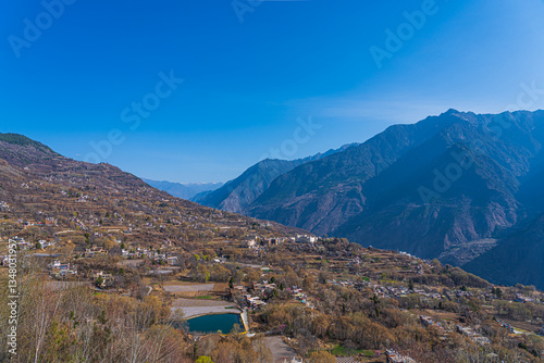 Danba County, Sichuan Province China. Zhonglu Township, Architectural Style of Jiuaju Ancient Tibetan Village. Traditional Tibetan buildings, beautiful Chinese countryside.  photo