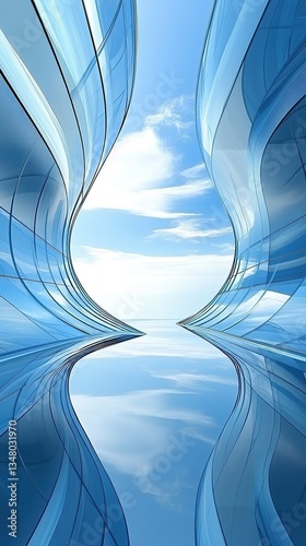 Curved Glass Building with Geometric Design Against Blue Sky, Abstract Architectural Perspective