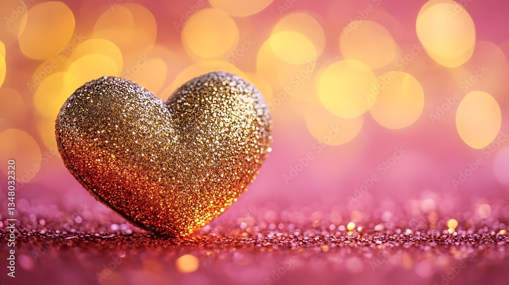 Fototapeta premium A golden glittering heart shaped object rests on pink surface