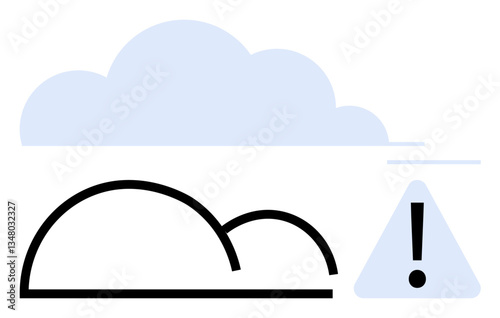 Large cloud shape with a triangular warning sign containing an exclamation mark. Ideal for risk, technology, warning, system alert, cybersecurity, cloud storage, data transmission. Flat simple