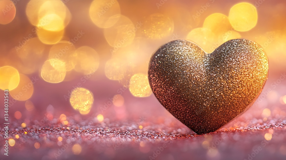 Fototapeta premium Sparkling golden heart sits on a bed of shimmering glitter