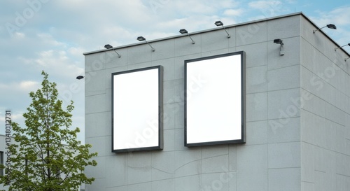 Dual Blank Billboards on a Modern Building with a Clear Sky Background - Perfect Space for Creative Advertising and Branding