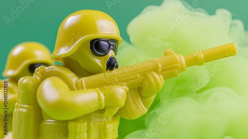 Close up view of yellow toy soldiers amidst green smoke, one aiming a rifle. The scene evokes a sense of war or conflict.