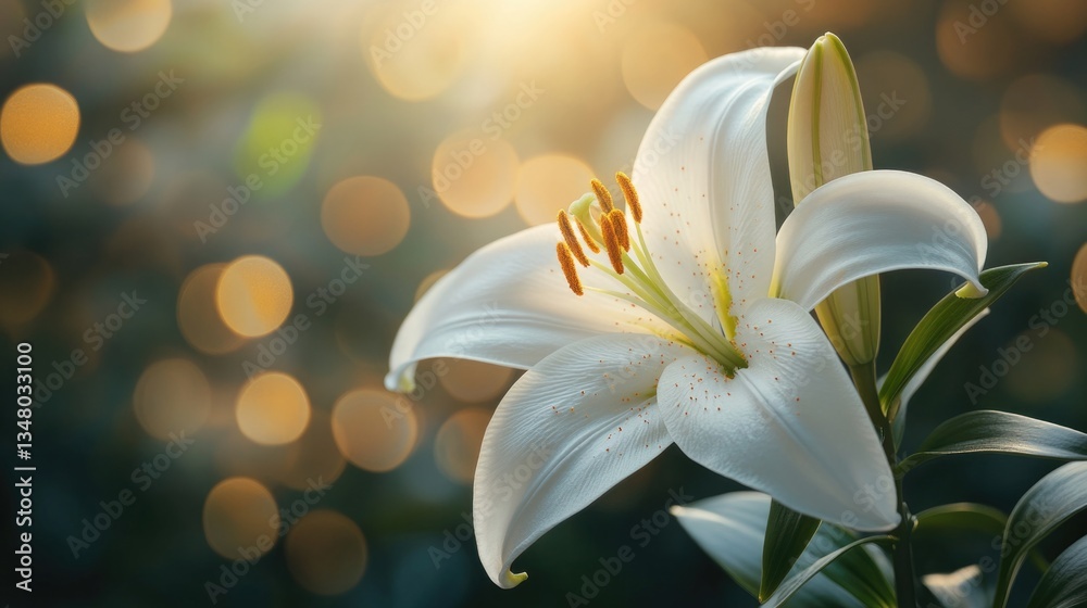 Fototapeta premium Graceful white lily bathed in warm, ethereal light.