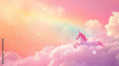 ファンタジックな雲の上に佇む白ピンクのユニコーン