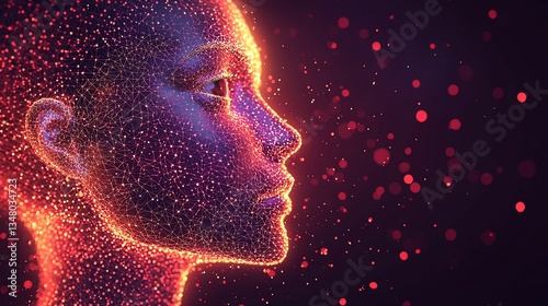 Digital art female profile, glowing particles, abstract background, futuristic concept photo