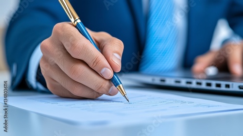 Close up of a person's hand writing on a document with a blue and gold pen, a laptop in the blurred background. The scene is lit with soft, natural light.