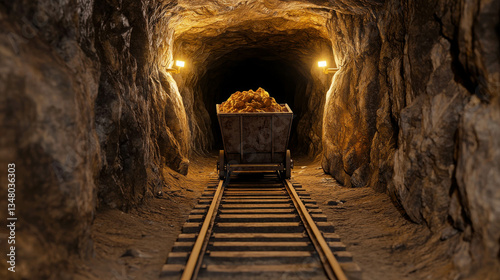 Cart filled with gold ore inside dimly lit mine tunnel with wooden tracks and rock walls