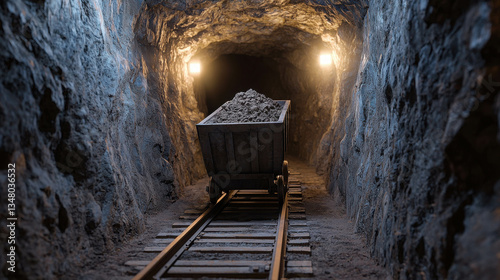 Coal Mining Cart in Dark Tunnel with Lights Illuminating Rocky Walls and Wooden Tracks