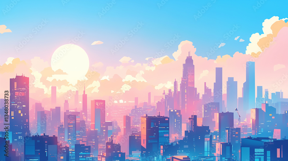 Fototapeta premium 未来都市の空想世界 空に向かって広がる高層ビル群と青空 透明感のあるパステルカラーのシティスケープ 近未来の都市風景 デジタルアート