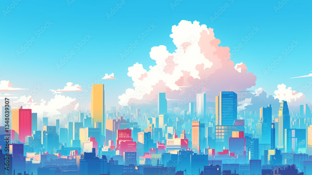 custom made wallpaper toronto digital幻想的な未来都市の風景 青とピンクが美しく調和するシティスケープ 高層ビルが立ち並ぶ近未来の街並み デジタルイラスト 背景素材
