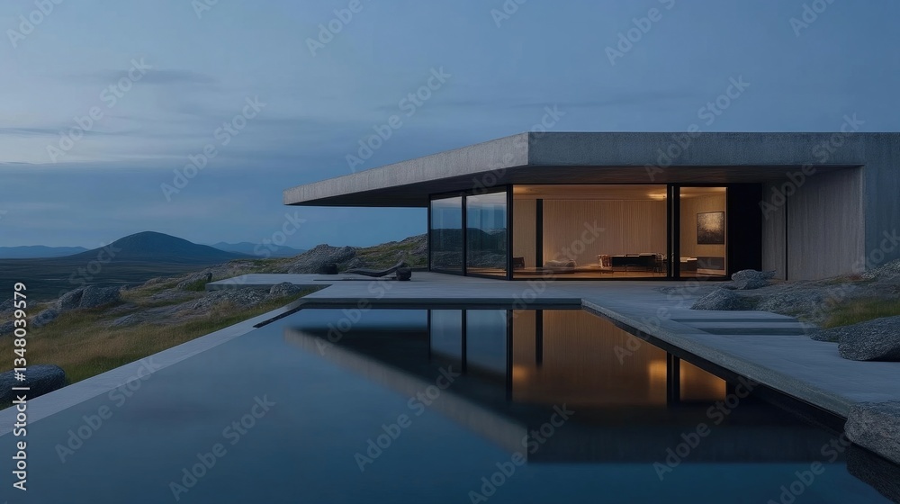 Fototapeta premium Modern concrete home with infinity pool, mountain views