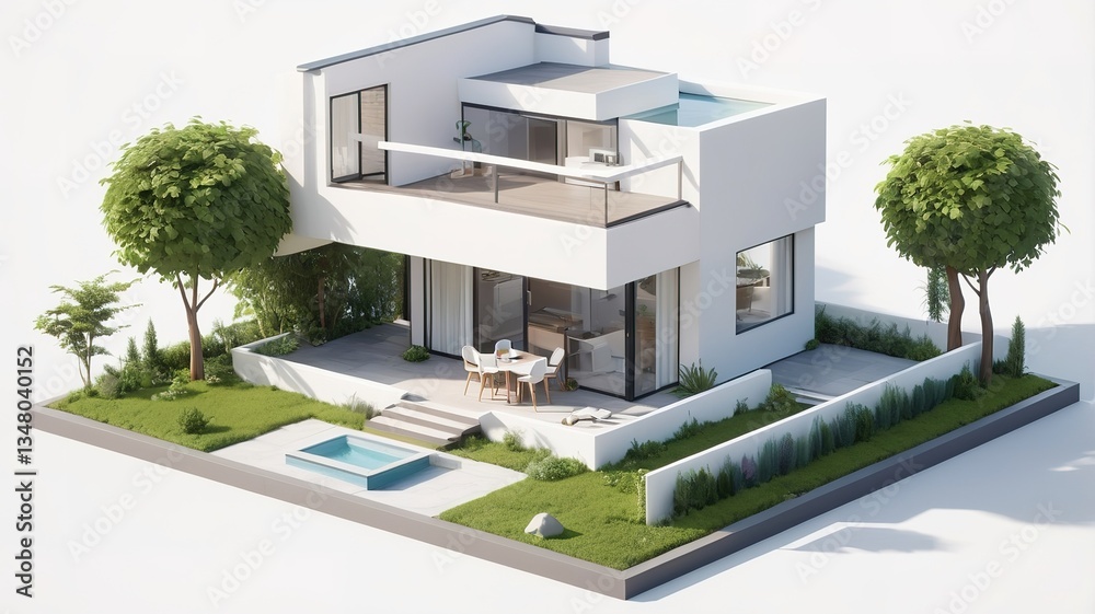 Fototapeta premium A small modern minimalist house isometric perspective,&nbsp;3D model miniature