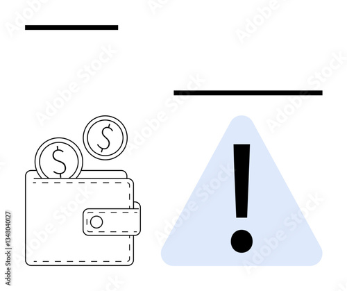 Wallet with coins beside a triangular warning sign with an exclamation mark. Ideal for finance, budgeting, risk management, financial advice, investment alerts, savings, and cautionary concepts. Flat