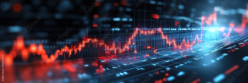 Obraz premium A futuristic digital interface displaying vibrant red and blue stock market charts with fluctuating candlestick patterns, set against a dark background with glowing data grids